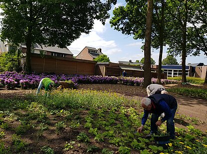 buurtbewoners aan het werk bij de Loovevijver